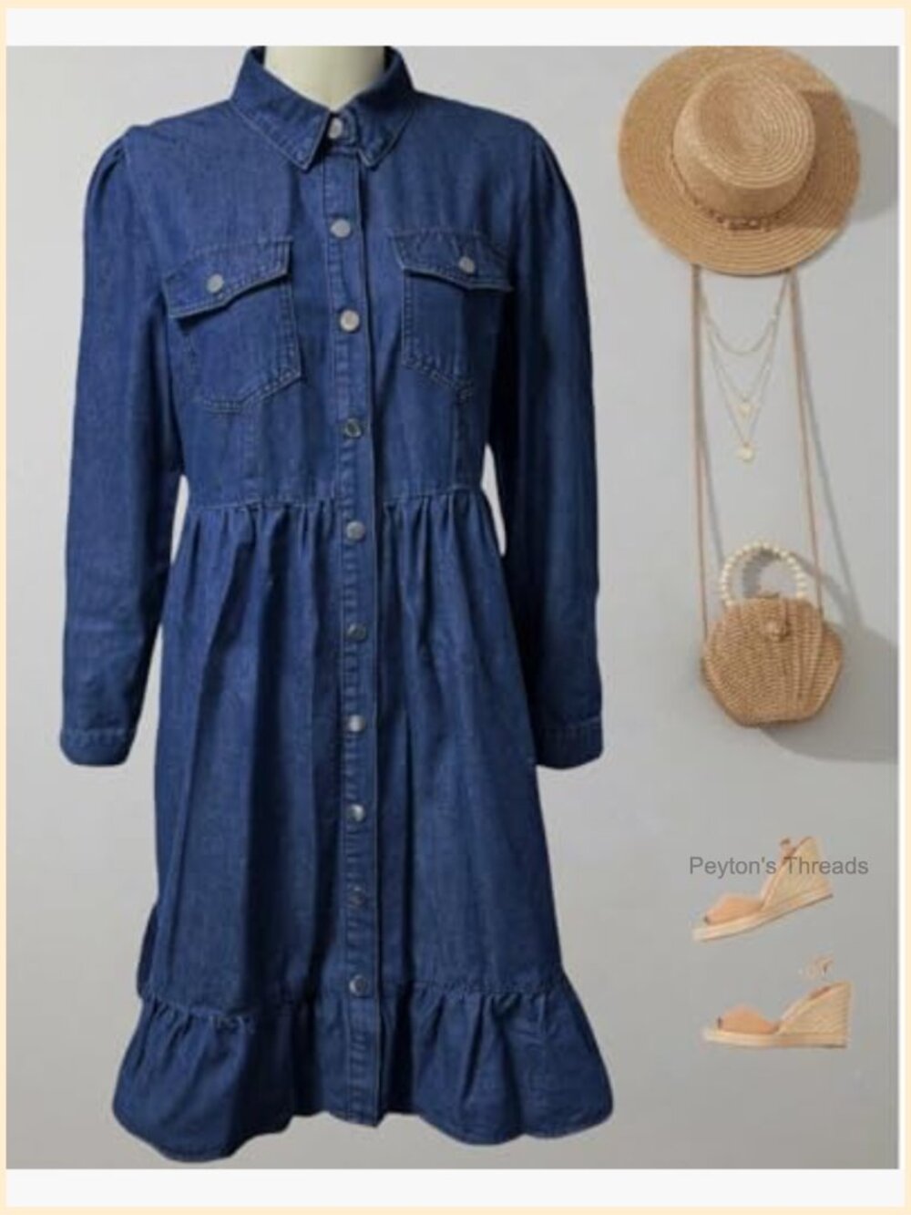 Flowy Denim Midi Dress A Line Ruffle Puff Long Sleeve Button Down Lapel Casual - Picture 2 of 7